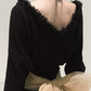 Black V-Neck Long Sleeve Mini Dress with 3D Floral Trim and Large Tulle Bow at Back R9370
