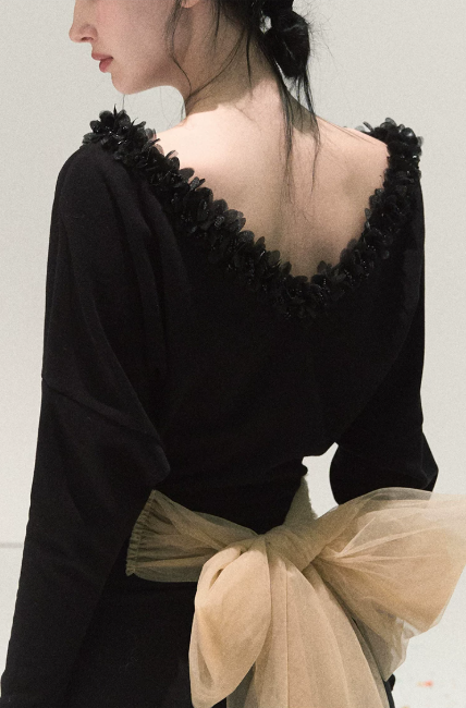 Black V-Neck Long Sleeve Mini Dress with 3D Floral Trim and Large Tulle Bow at Back R9370