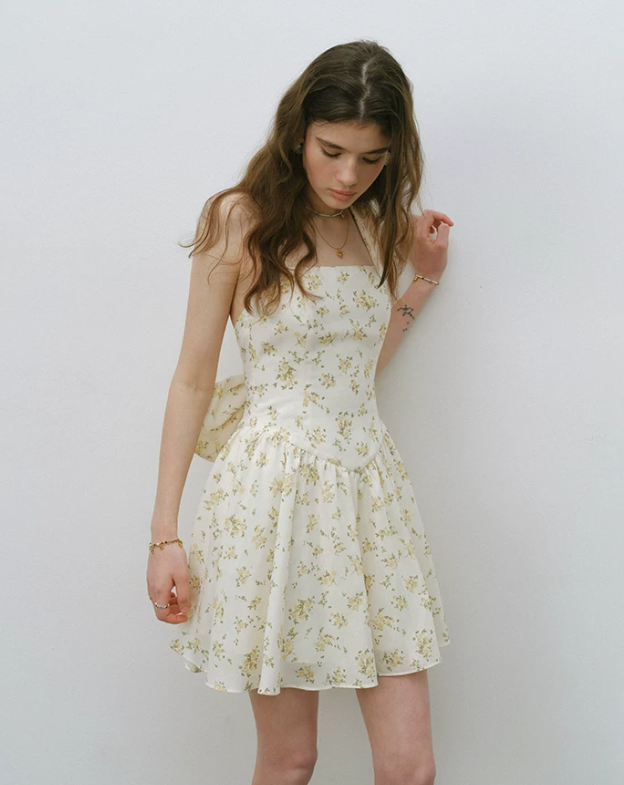 Beige Floral Print Halter Neck Mini Dress Women With Large Bow Detail R9485