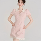 Feminine Pink Tweed Dress with Peter Pan Collar, Girly Puff Sleeve Embroidered Mini Dress for Women R9327