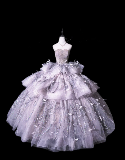 Silver-gray strapless, fitted waist, full skirt, long ball gown R8676