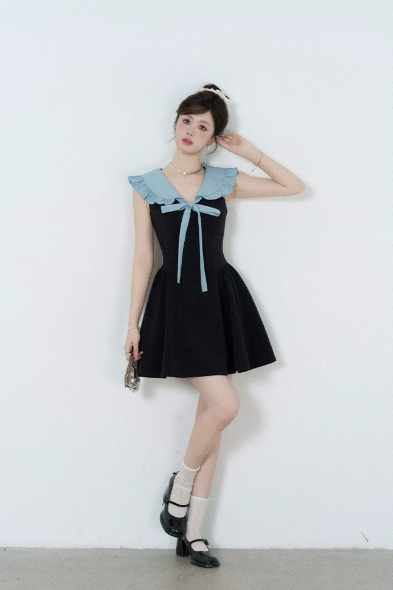 Black & Blue Dress, Women's Sleeveless Ruffle Collar with Bow A-Line Mini Dress R9340