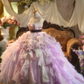 Light purple strapless ball gown with a cinched waist and a voluminous puffy skirt; bridal gown R7281