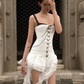 White sweet cool hot girl suspender skirt pleated waist slim irregular skirt short skirt homecoming dress R4710