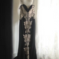 Black halter-neck, gold Huawei wool, fitted waist, long ball gown R6808