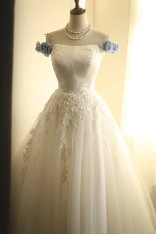 White off-the-shoulder fitted waist slim-fitting ball gown with a full skirt R6768