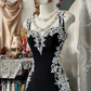 Black suspender waist slim sexy white lace maxi ball gown R6130