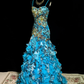 Blue retro floral halter-neck fitted bodycon long ball gown R8672