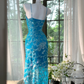 Light blue halter-neck fitted long sequined ball gown R7643