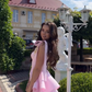 Pink suspender tie waist slim fit puffy skirt homecoming dress R5439