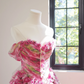 Pink floral print strapless fitted waist ball gown with a full skirt, long ball gown, bridal dress R8454