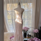 Light pink floral print halter-neck fitted bodycon long ball gown R7724