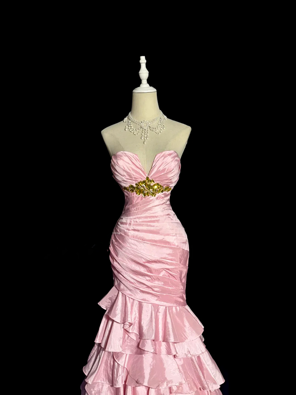 Pink strapless fitted waist bodycon tiered skirt ball gown R8097