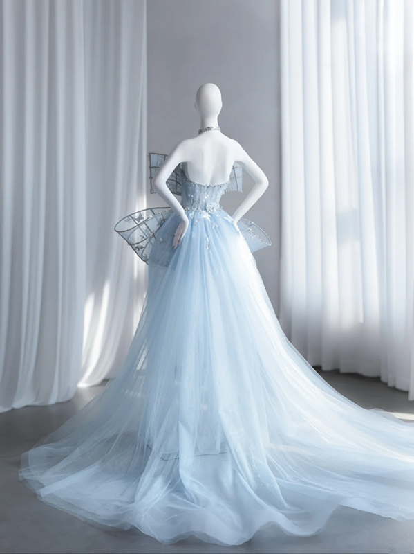 Light blue strapless fitted long train ball gown, bridal dress R8855