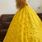 Yellow Spaghetti-Strap Waist-Cinched Puffy-Hem Ball Gown, Bridal Gown R7322
