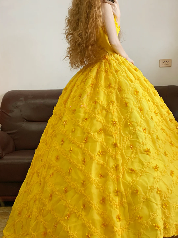Yellow Spaghetti-Strap Waist-Cinched Puffy-Hem Ball Gown, Bridal Gown R7322