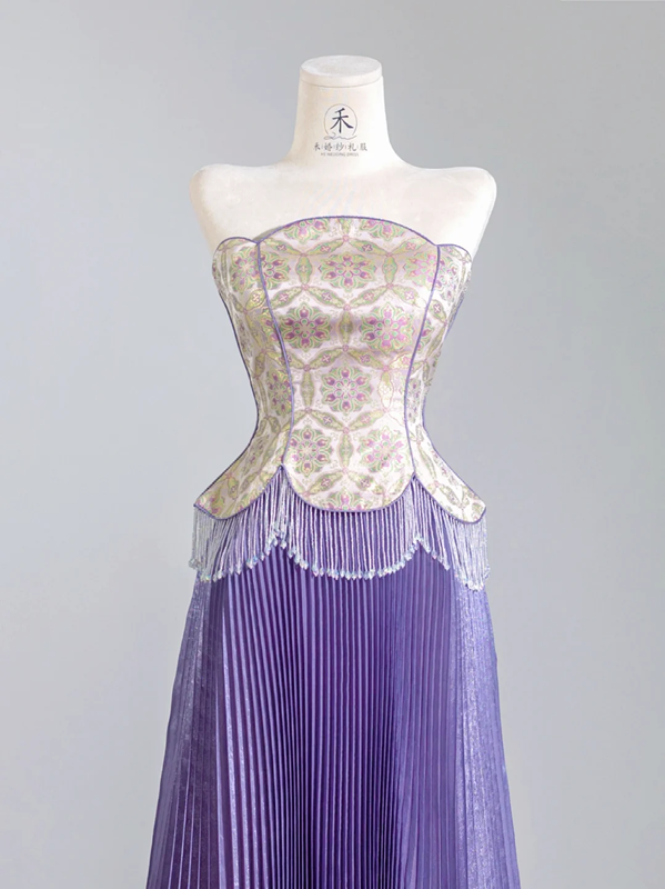 Purple floral strapless cinched waist long ball gown with pleated skirt R8249