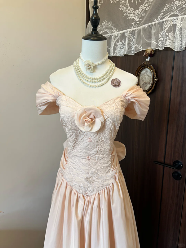 Pink elegant retro waist slim fit long skirt homecoming dress R4267