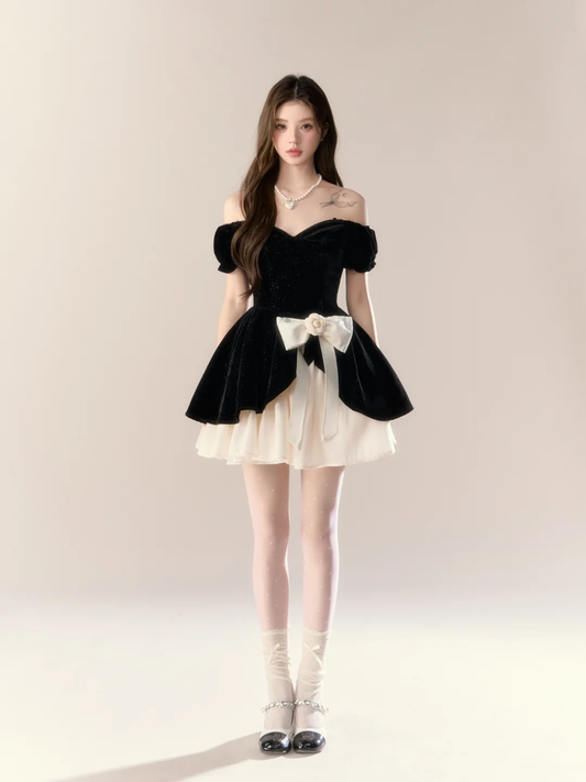 Black one-shoulder slim waist A-line puffy skirt homecoming dress R5399