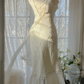 White V-neck, sexy, fitted waist, elegant long ball gown R7684