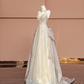 Champagne-colored halter neck, fitted waist, long ball gown/bridal dress R8394