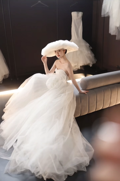 White tube top elegant waist slim tulle skirt hem bridal dress R6050