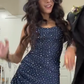Navy blue suspender diamond waist slim A-line short skirt homecoming dress R5538