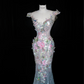 Pink floral butterfly waist slim fit sexy hip fishtail maxi skirt, prom dress R5654