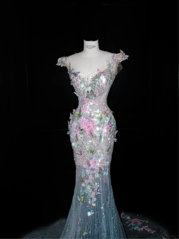 Pink floral butterfly waist slim fit sexy hip fishtail maxi skirt, prom dress R5654