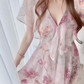 Pink floral V-neck slim waist A-line chiffon skirt R5032