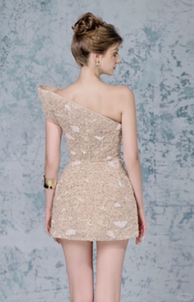 Champagne color asymmetrical neckline beaded waist slimming short skirt homecoming dress R4469