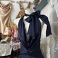 Navy blue halterneck satin waist slim fishtail sexy long ball gown R6170