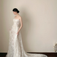 White lace strapless, waist-cinched, slim-fit elegant long prom dress R7955