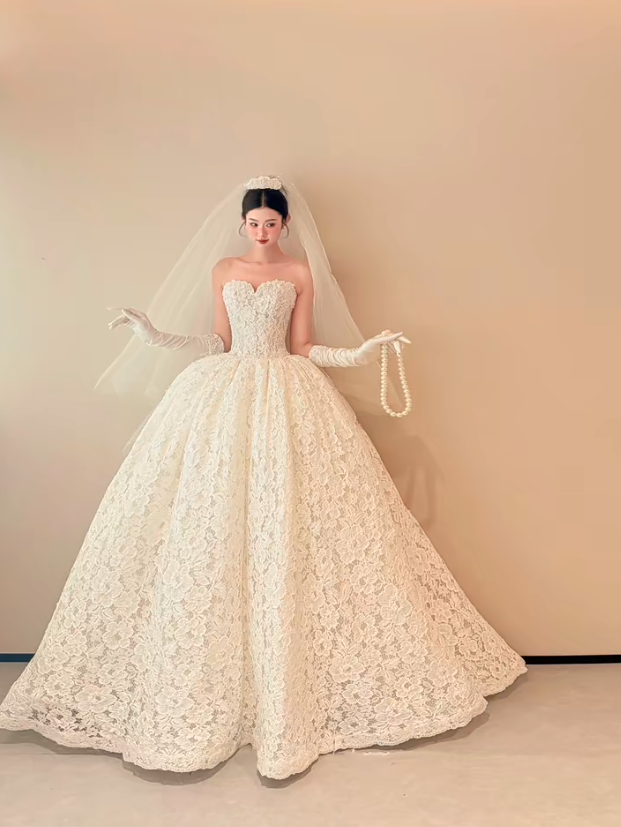 White strapless lace waist slim elegant puffy skirt long dress bridal dress R6030