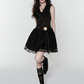 Black Satin Corset Mini Dress Women With Lace Trim And Bow Detail R9432