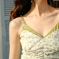 Green Floral Print Cami Dress Women With Pearl Straps And Ruched Bodycon R9454