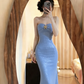 Light blue strapless fitted waist sexy ball gown R9065