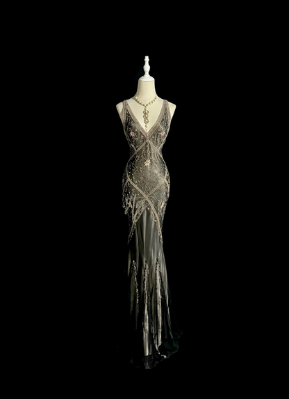 Black halter-neck beaded fitted long ball gown R6649