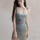 Oil Painting Print Mesh Cami Mini Dress Women With Lace Trim And Tie Straps R9417