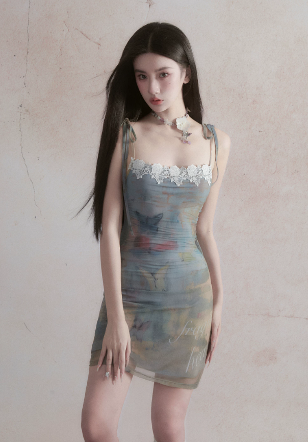Oil Painting Print Mesh Cami Mini Dress Women With Lace Trim And Tie Straps R9417