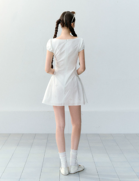 White Eyelet Embroidery Mini Dress Women With Keyhole Neck And Bow Tie Detail R9394
