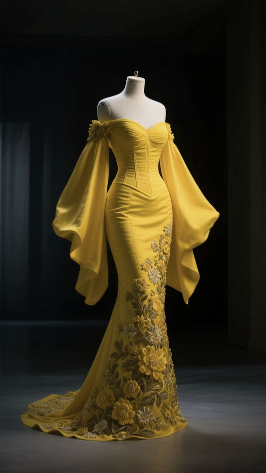 Yellow tube top Chinese sexy waist slim fishtail skirt dress, prom dress R5339