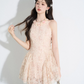 Soft Pastel Pink Halter Neck Lace Dress, Delicate Floral Applique Sleeveless Fit-and-Flare Cocktail Mini Dress R9328