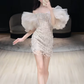 White one-shoulder tassel design waist slim hip cute sexy princess skirt homecoming dress R4227