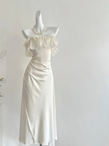 Elegant Off-Shoulder Satin Dress with Lace-Up Back R9126