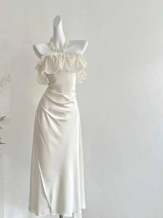Elegant Off-Shoulder Satin Dress with Lace-Up Back R9126