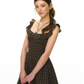 Brown Plaid Ruffle Strap Mini Dress Women Summer High Waist A Line Dress R9392