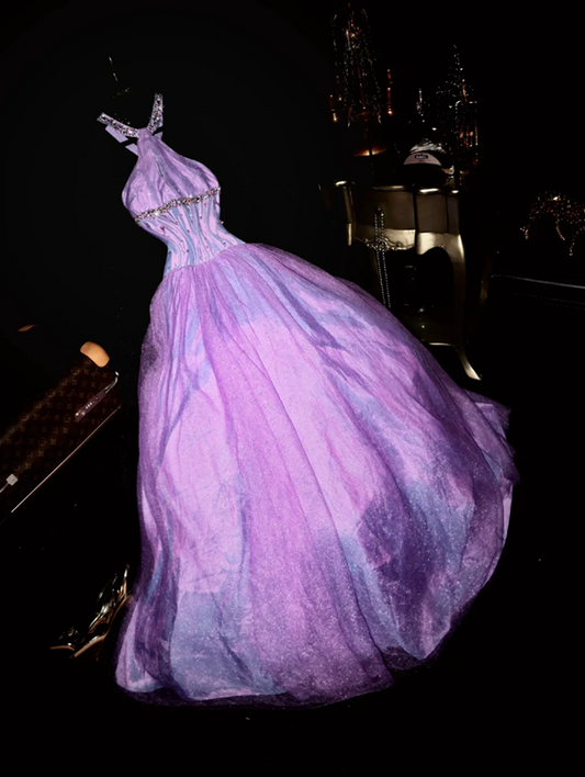 Purple halter-neck, fitted waist, sexy and charming long ball gown R6968