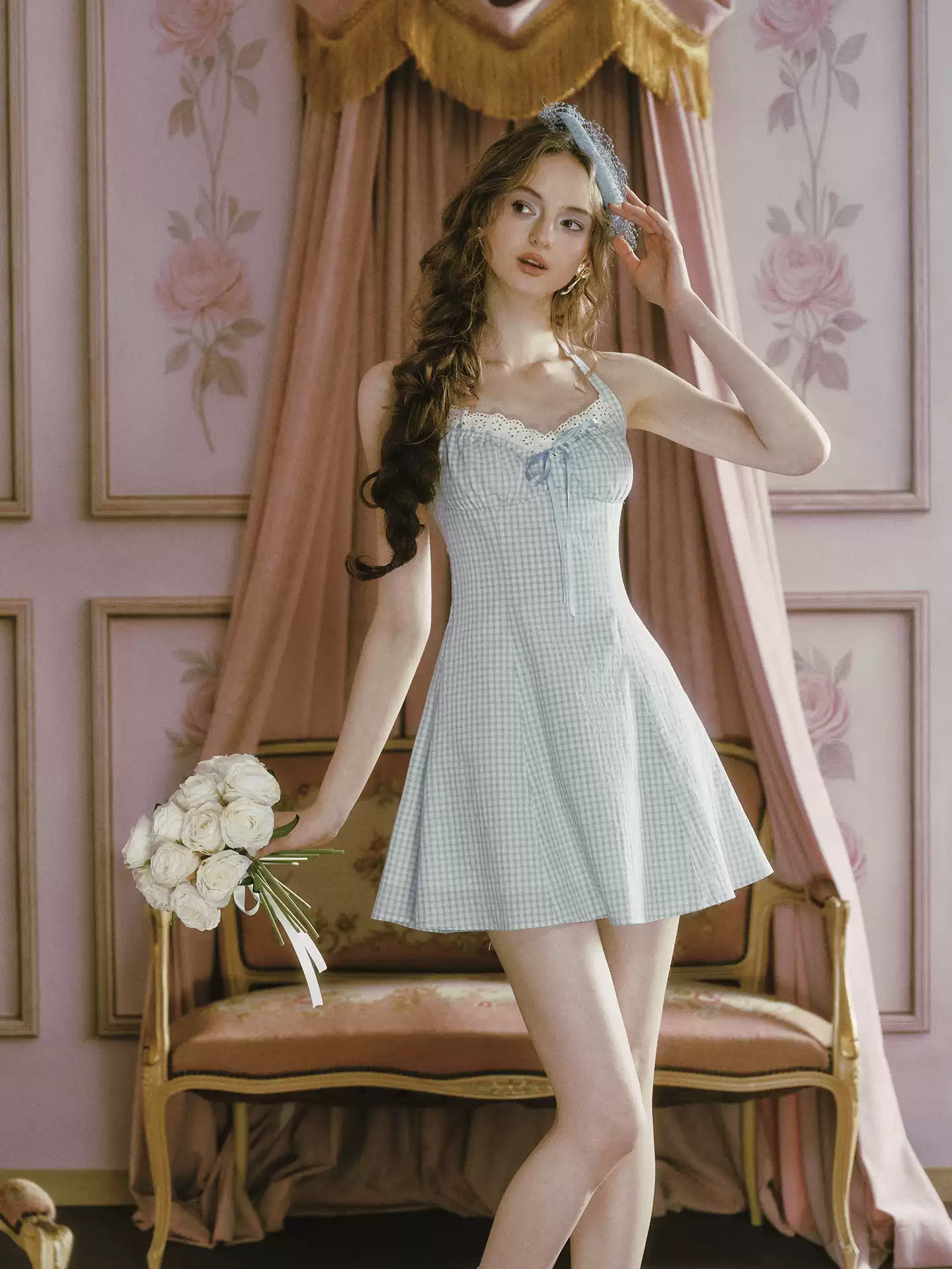 Vintage Black Gingham Halter Mini Dress Lace Trim Bow Detail R9197