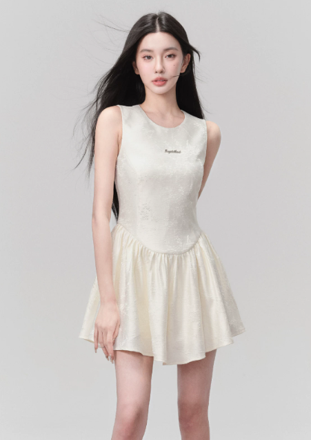 Cream White Sleeveless Jacquard Mini Dress Women With Corset Style Bodice R9450